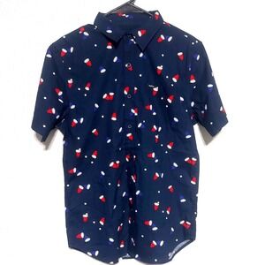 Matix Mens Short Sleeve Button Up Graphic Print Shirt Blue Small "FLIP CUP" Solo